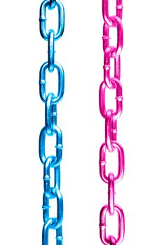 Blue and pink steel chains isolated over white background.