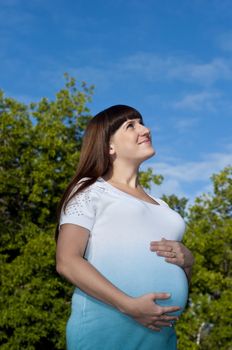 Beautiful pregnant woman relaxing in the summer park