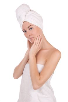 Woman after bath with towel isolated on white