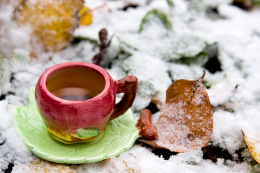A cup of tea on a background of snow-covered leaves. Shallow depth-of-field.