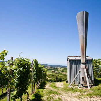 Hail cannon in Italian vineyard, Monferrato and Langhe area, Piemonte region.