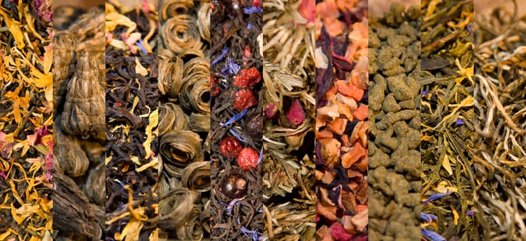 Collage of different varieties of black and green tea