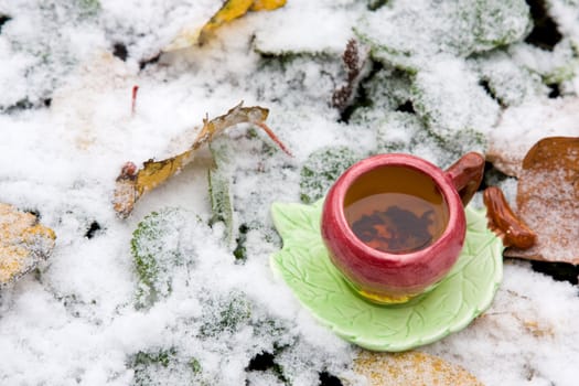 In the lower left corner of the frame cup of tea on a background of snow-covered leaves. Saucer shaped leaf.