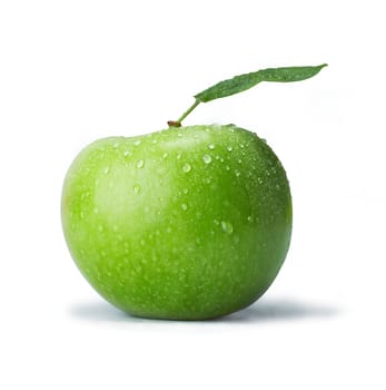 Fresh green apple with drops. The file includes a clipping path.  Professionally retouched high quality image.