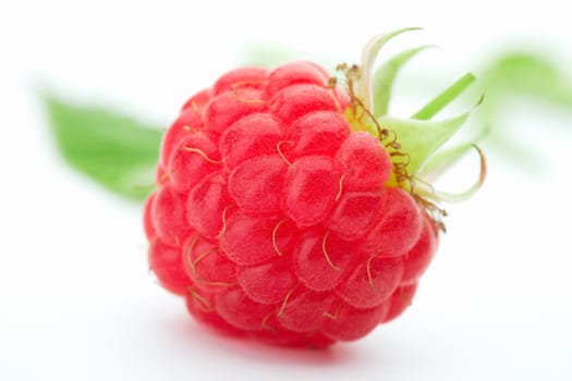 Raspberry with green leaves on white background