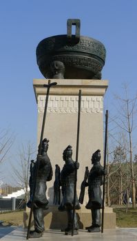 Bottom view of typical Chinese historic building against blue sky