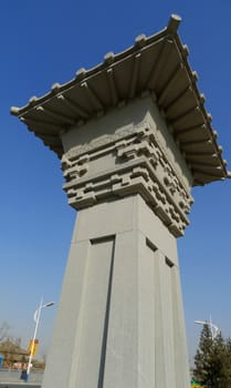 Bottom view of typical Chinese historic building against blue sky