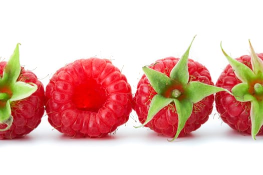  Row of raspberries with green leaves on white