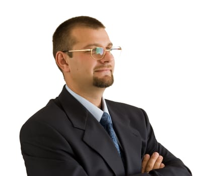 A confident mature business man with hands on bosom  over white background