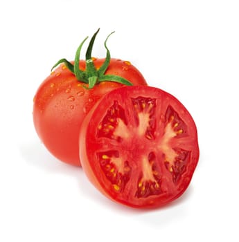 Fresh, washed tomato with half. The file includes a clipping path.  Professionally retouched high quality image. 