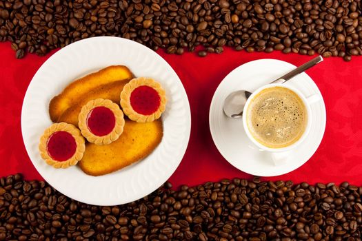 coffee cup from above with coffee beans