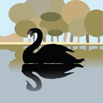 Black swan on a lake, romantic background illustration