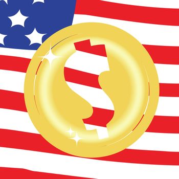 Dollar golden coin on United States of America flag background
