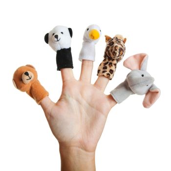 Female hand wearing 5 finger puppets; bear; panda; duck; giraffe; elephant
