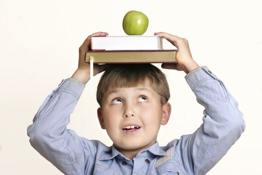 Schoolboy, textbooks, apple
