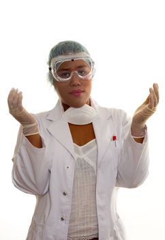 Ethnic healthcare worker or researcher with gloved hands in the air.