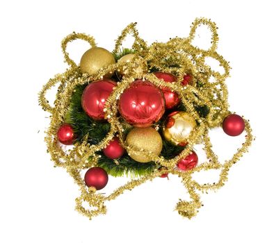 Elegant Christmas baubles with stars, angels and gold ribons on a slightly textured reflective surface