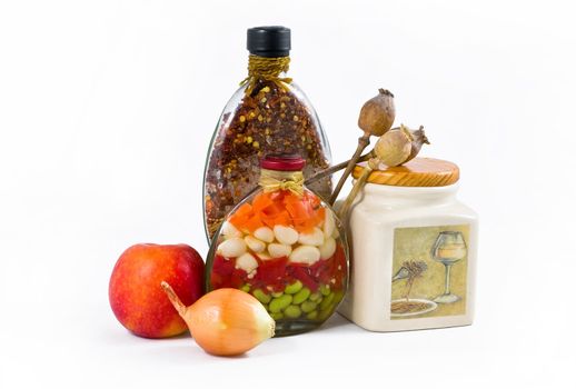 kitchen still life poppy, pea, spices on a white background