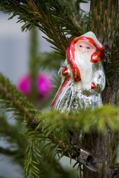 Decoration is located on a branch of a festive Christmas tree.