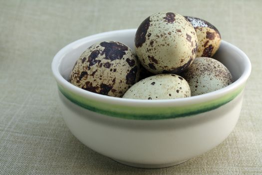 Quail eggs in ceramic bowl on linen background