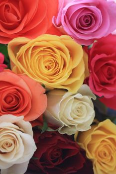 A bouquet of mixed roses in yellow, pink, white and orange