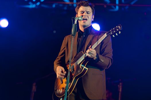 CANARY ISLANDS - JULY 22: Soul singer and guitarist Eli "Paperboy" Reed from All-stone, Massachusetts US, performs onstage during a music festival on July 22, 2011 in Las Palmas, Canary Islands, Spain