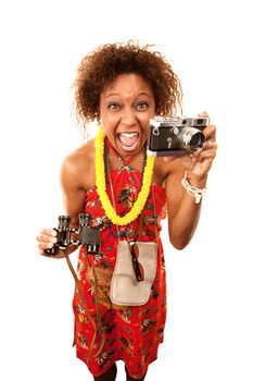 Funny African American Tourist with Lots of Equipment