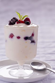 Glass of Yoghurt with Fruit Berries and Mint leaf