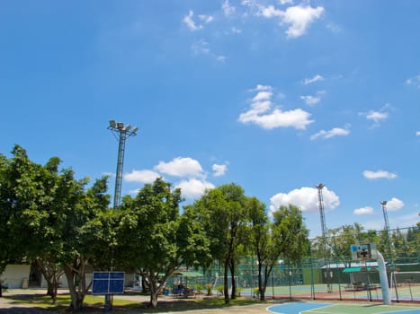 Clear sky and lonely basketball field in Bangkok University