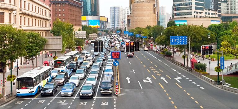 Traffic jam stopped by a traffic light in Shanghai, China