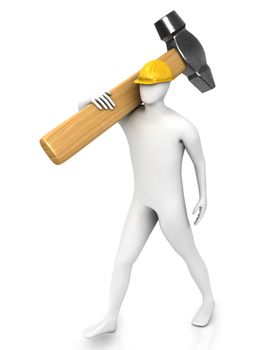 Man with huge hammer isolated on white background
