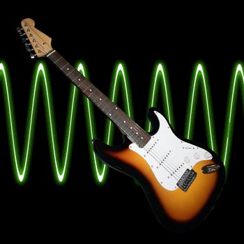 Electric guitar over a black background with sound waves