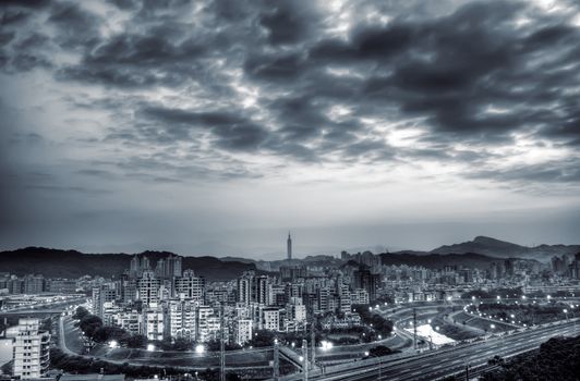 City morning with dramatic clouds in sky in Taipei, Taiwan.