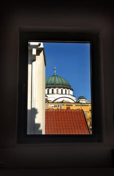 Sveti Sava cathedral building througn the window