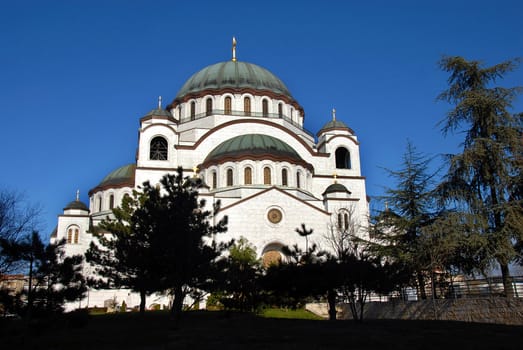 Sveti Sava cathedral building over blue sky