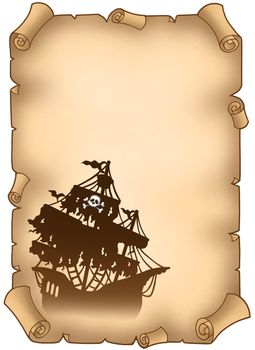 Old scroll with mysterious pirate ship - color illustration.