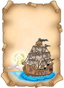 Old scroll with mysterious ship - color illustration.