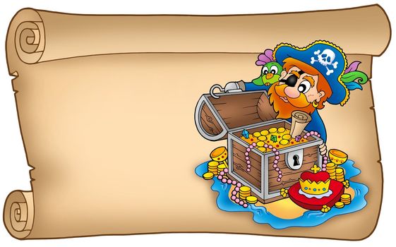 Old scroll with pirate and treasure - color illustration.