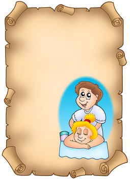 Parchment with cartoon massager - color illustration.