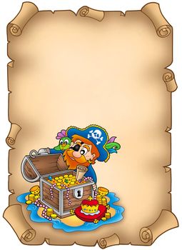 Parchment with pirate and treasure - color illustration.