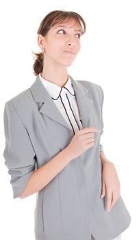 woman in business clothing listen on white