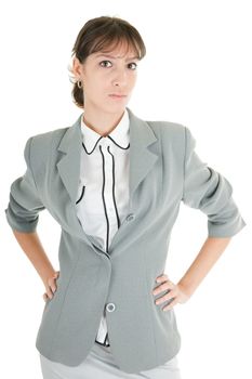 young girl in a gray business suit on white background