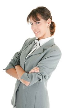 young girl in a gray business suit on white background