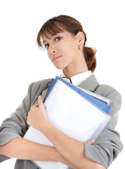 young girl in a gray business suit on white background