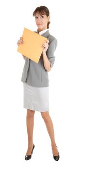 young girl in a gray business suit on white background