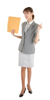 young girl in a gray business suit on white background