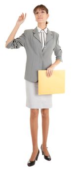 young girl in a gray business suit on white background