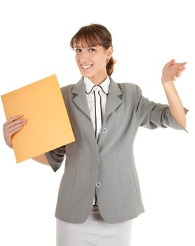 young girl in a gray business suit on white background