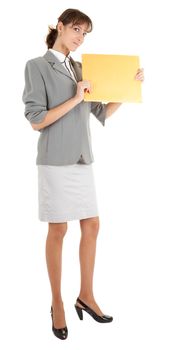 young girl in a gray business suit on white background