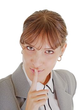 woman in business clothing requests to keep quiet